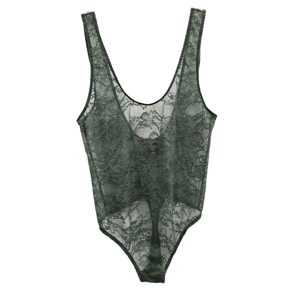 Victoria's Secret Dusty Green Lace Bodysuit Size M Low Back Sheer Lingerie